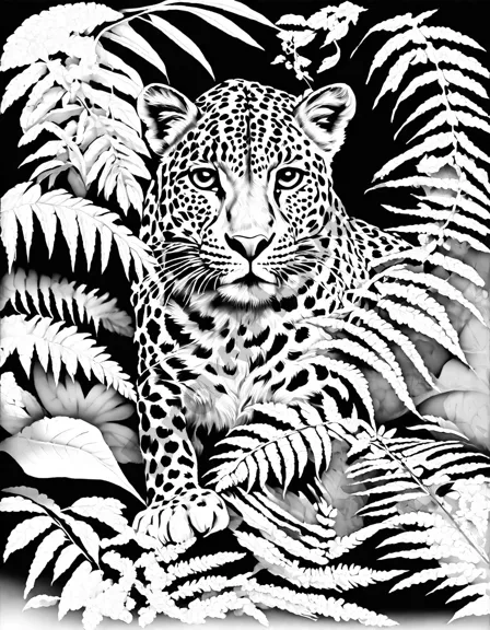 coloring book page featuring a detailed leopard stalking in a lush jungle awaiting color in black and white