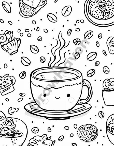 coloring book page of a steaming coffee cup and cozy café ambiance, capturing the aromatic embrace of coffee culture in black and white