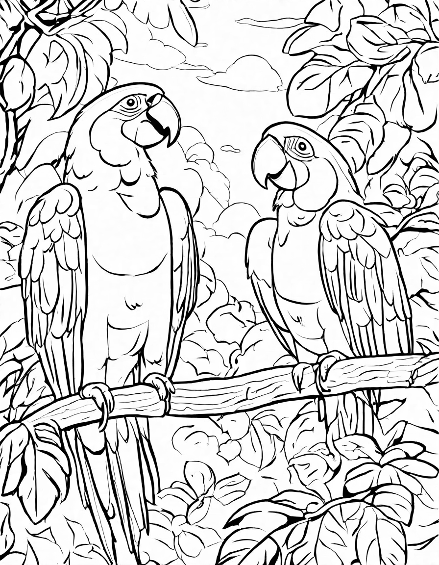 Coloring book image of colorful parrots in animated conversation atop a tree in a vibrant zoo scene in black and white