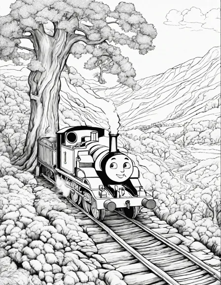 Coloring book image of thomas the tank engine embarking on an adventure through misty valley, navigating enigmatic tracks amidst swirling clouds and towering trees in black and white