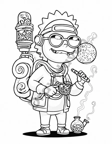 intricate coloring page featuring squanchy, an intergalactic party alien from rick and morty, surrounded by friends in a psychedelic landscape in black and white