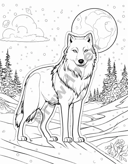 Coloring book image of haunting wolf standing in a winter wonderland with swirling snowflakes, piercing gaze fixed on the moon, howling at the desolate landscape, capturing the essence of the arctic wilderness in black and white