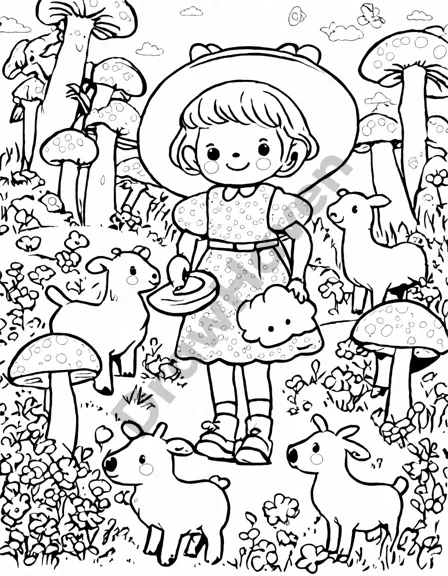 little bo peep searches for sheep in a whimsical meadow coloring page with flowers and mushrooms in black and white
