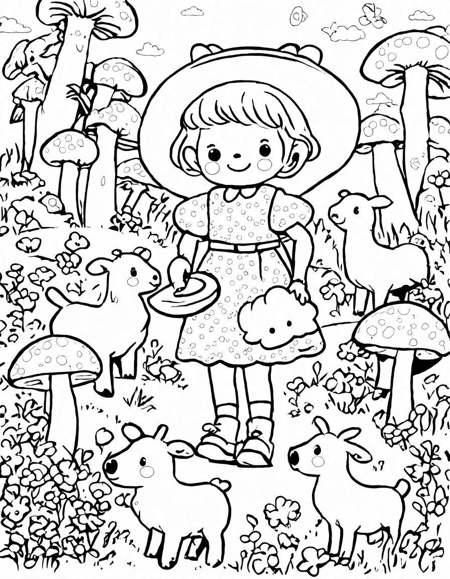 little bo peep searches for sheep in a whimsical meadow coloring page with flowers and mushrooms in black and white