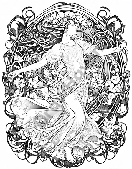 art nouveau-inspired coloring page with graceful figures amidst swirling vines and vibrant floral motifs in black and white