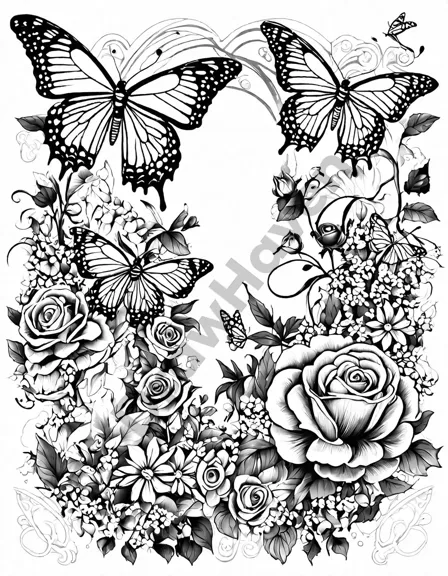 coloring book page featuring butterflies and flowers in a fantasy garden setting in black and white