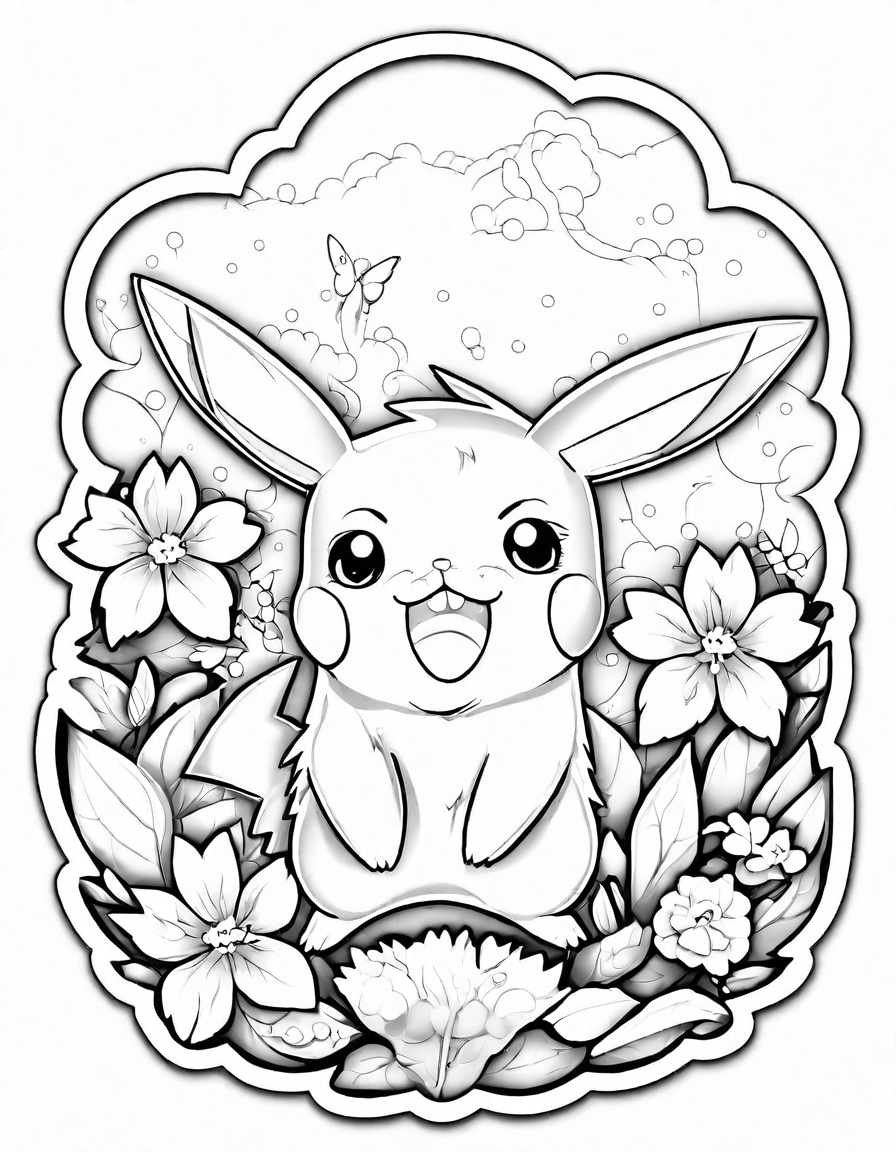 pikachu charges through a verdant meadow amidst flowers and butterflies, electrifying the surroundings in a vibrant coloring book image in black and white