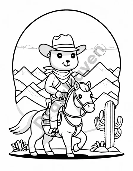Coloring book image of cowboy riding horse across sunlit wild west plains with cacti and mountains at sunset in black and white