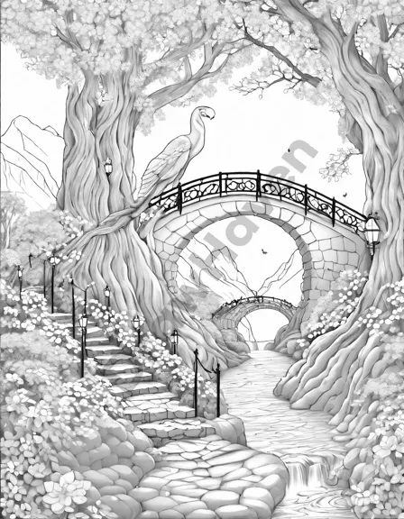 Coloring book image of mystical forest bridge with glowing vines under moonlight, inviting into an enchanted realm in black and white