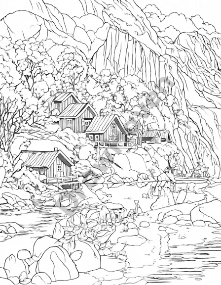 coloring book scene of norway's fjords with cliffs, clear waters, and wooden cottages in black and white