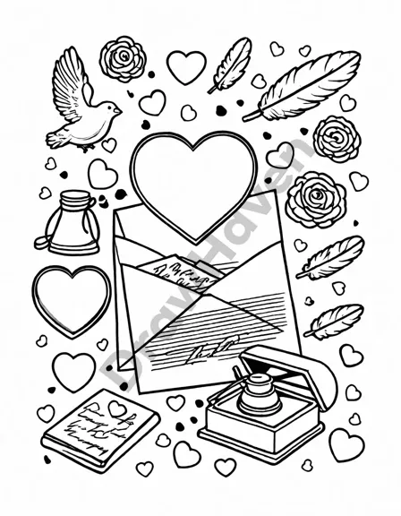 vintage valentine's day coloring book page with love letters, inkwell, and quill in black and white