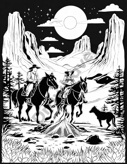 Coloring book image of cowboys and cowgirls sharing tales around a campfire under the starry night sky in black and white