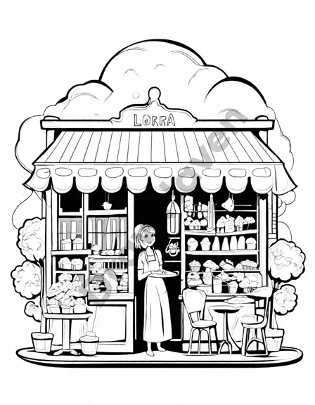 Coloring book image of charming italian gelato shop scene with colorful tubs and happy customers enjoying treats in black and white