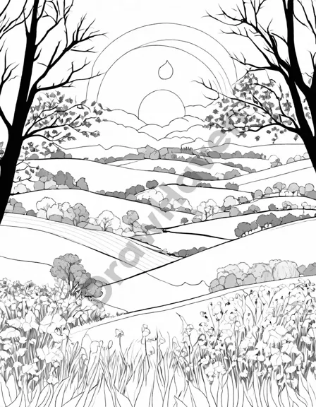 Coloring book image of misty morning in the countryside with sun rays piercing through, highlighting fields and farmhouses in black and white