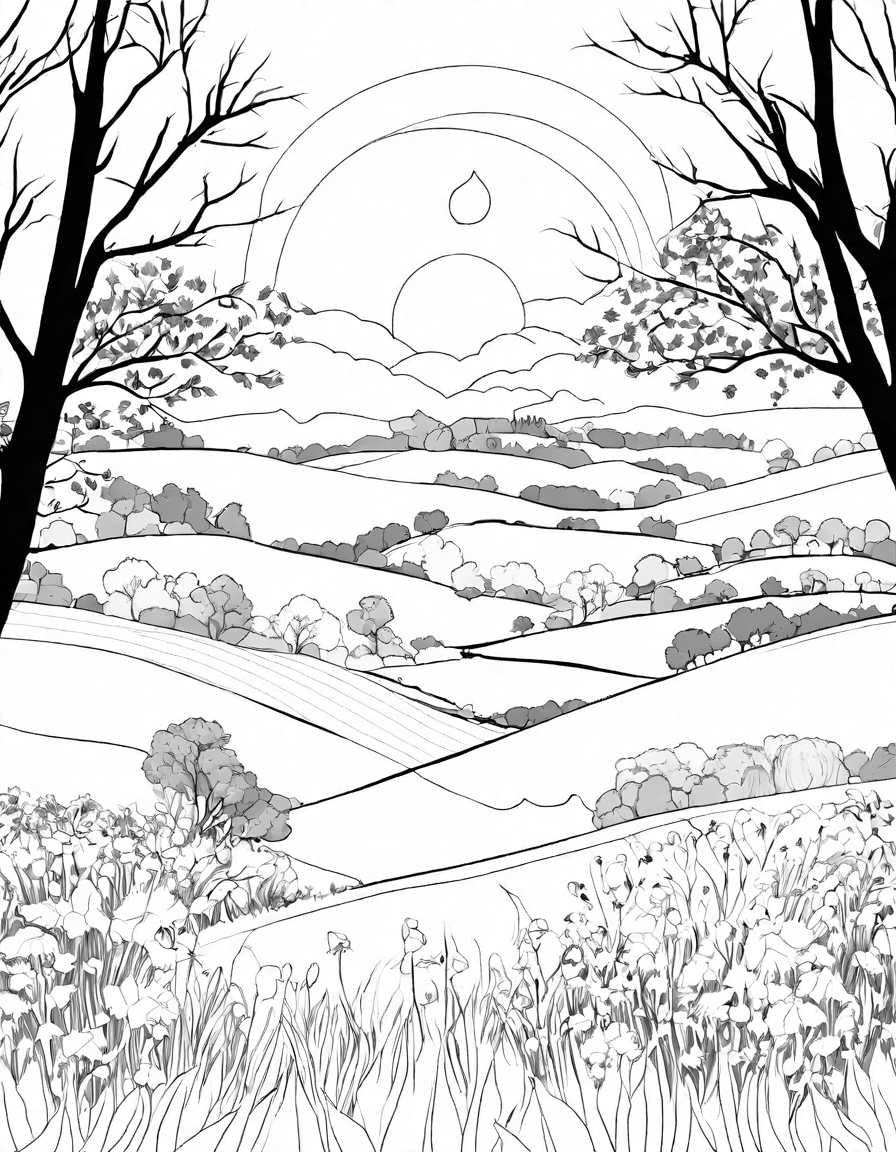 Coloring book image of misty morning in the countryside with sun rays piercing through, highlighting fields and farmhouses in black and white