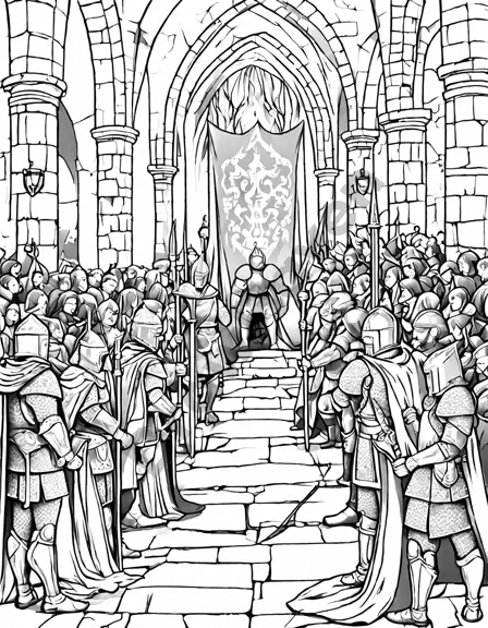 coloring book page featuring king arthur and knights around the round table, with detailed armor and banners in black and white