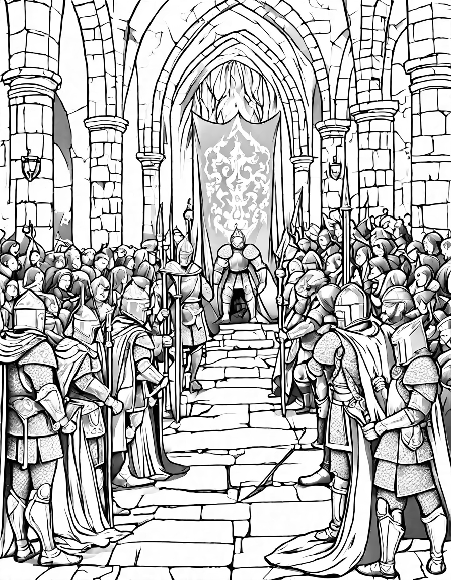 coloring book page featuring king arthur and knights around the round table, with detailed armor and banners in black and white