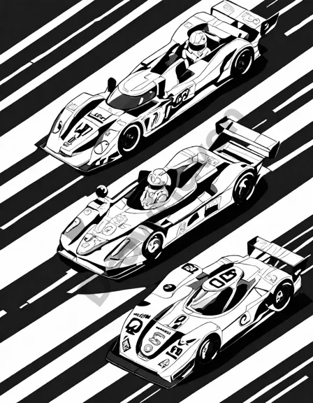 Coloring book image of luxury race cars lined up at the starting line on a detailed track, with excited spectators in the stands in black and white