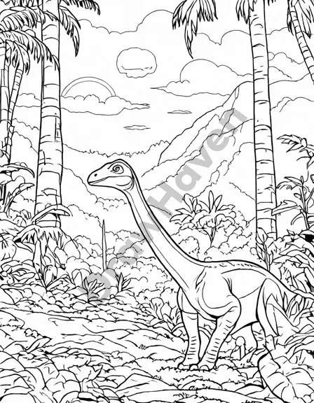 coloring page of parasaurolophus in a prehistoric valley at sunset, surrounded by lush vegetation in black and white