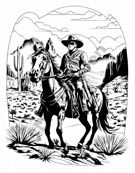 coloring book page of lone ranger on horseback in the wild west, ready for coloring in black and white