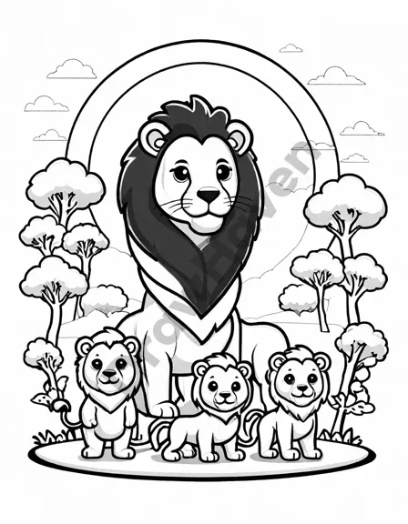 coloring book page featuring a lion family at sunset in the african savannah in black and white