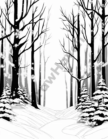 Coloring book image of snowy forest scene with snow-laden trees, snowflakes, and sunlight through canopy in black and white