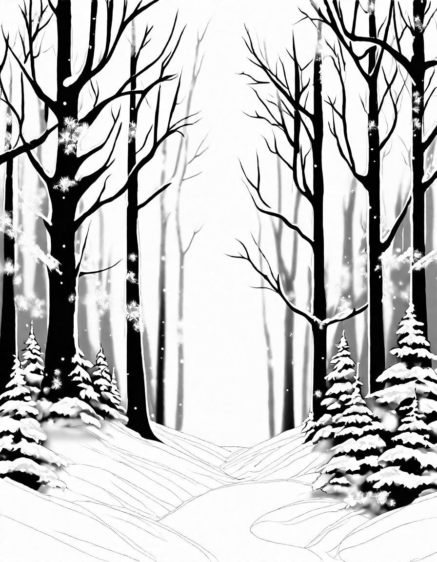 Coloring book image of snowy forest scene with snow-laden trees, snowflakes, and sunlight through canopy in black and white