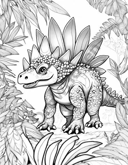 majestic stegosaurus on an adventure in a lush, prehistoric jungle coloring page in black and white