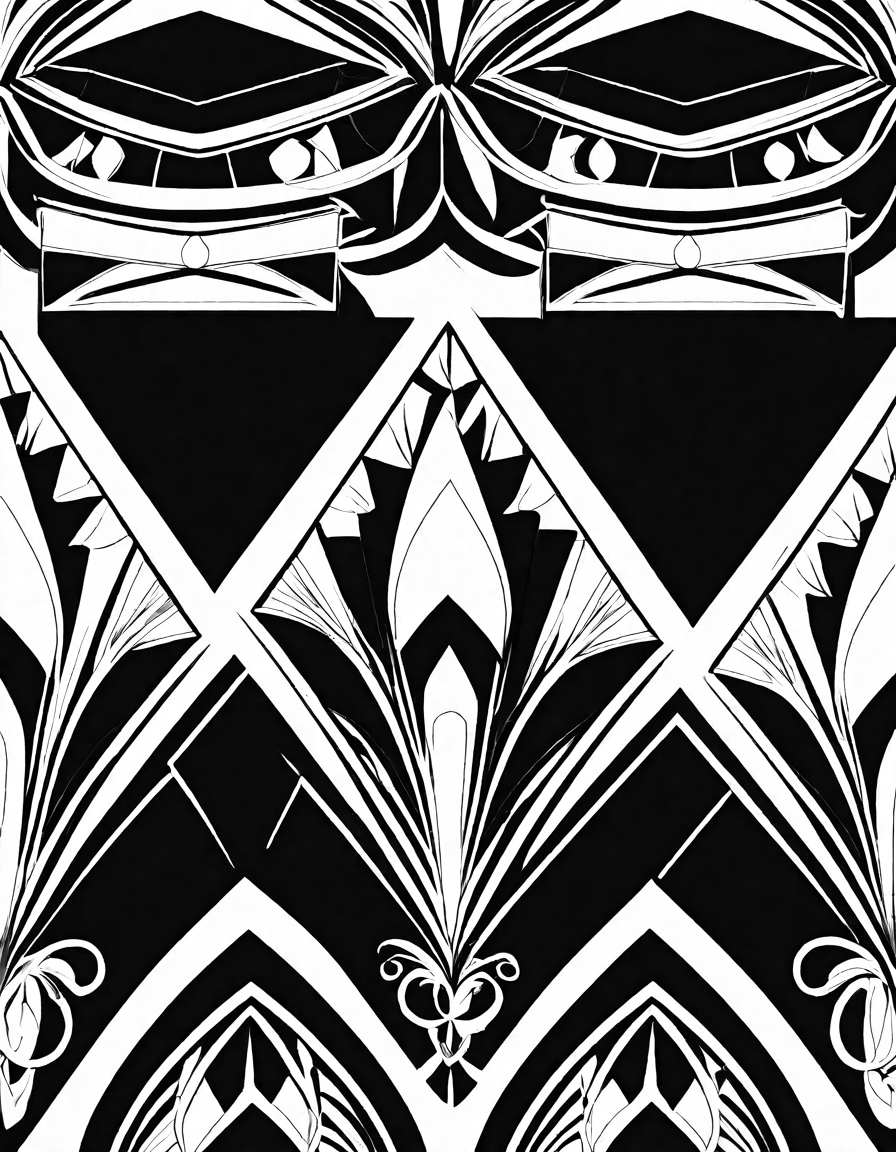 intricate art deco geometric pattern coloring page with bold lines and rich hues, evoking the glamour of the 1920s in black and white