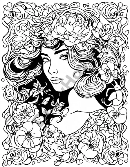 art nouveau coloring page featuring graceful women with flowing hair, elegant garments, and intricate floral motifs in black and white