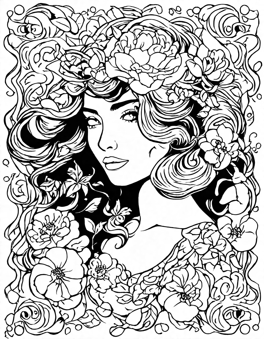 art nouveau coloring page featuring graceful women with flowing hair, elegant garments, and intricate floral motifs in black and white