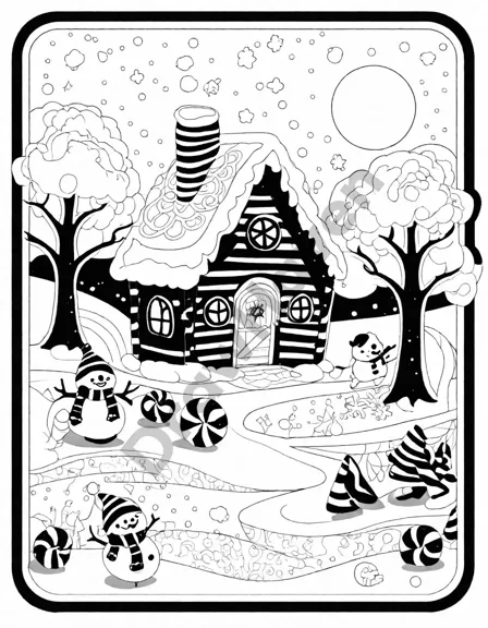 Coloring book image of magical peppermint winter wonderland scene with candy cane trees and a gingerbread cabin in black and white