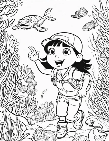 vibrant dora's underwater discovery coloring page featuring coral reefs, fish, and sea turtles in black and white
