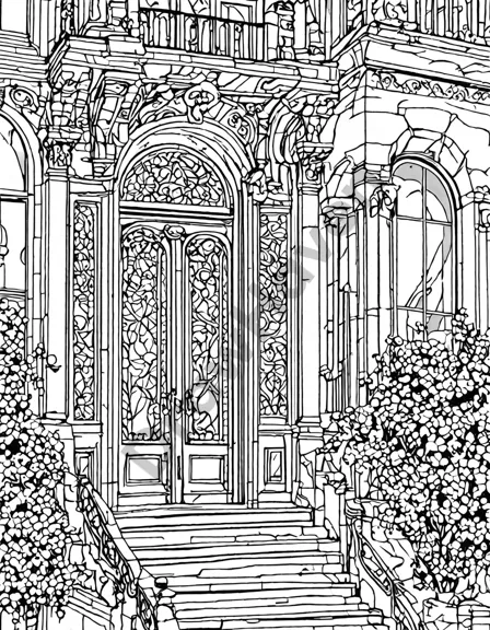 art nouveau architectural coloring page featuring intricate lines, flowing curves, and organic motifs on buildings and facades in black and white