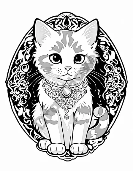 captivating coloring page featuring a graceful cat with piercing gaze and playful stance in black and white