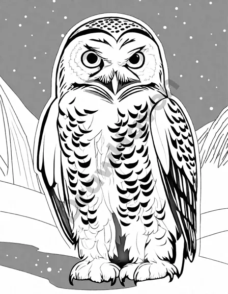 captivating nocturnal hunt of snowy owl in arctic wilderness coloring page in black and white