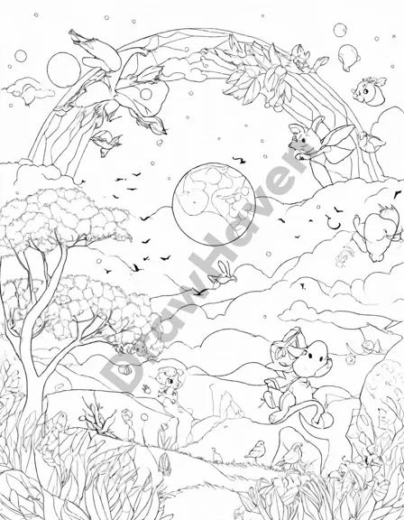 soft hues of sunset calm coloring page with warm oranges, gentle pinks, and soothing purples, featuring bird silhouettes for a serene experience in black and white