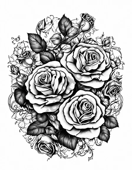 intricate rose vine coloring page for nature lovers with detailed petals, leaves, and buds for relaxing artistic enjoyment in black and white