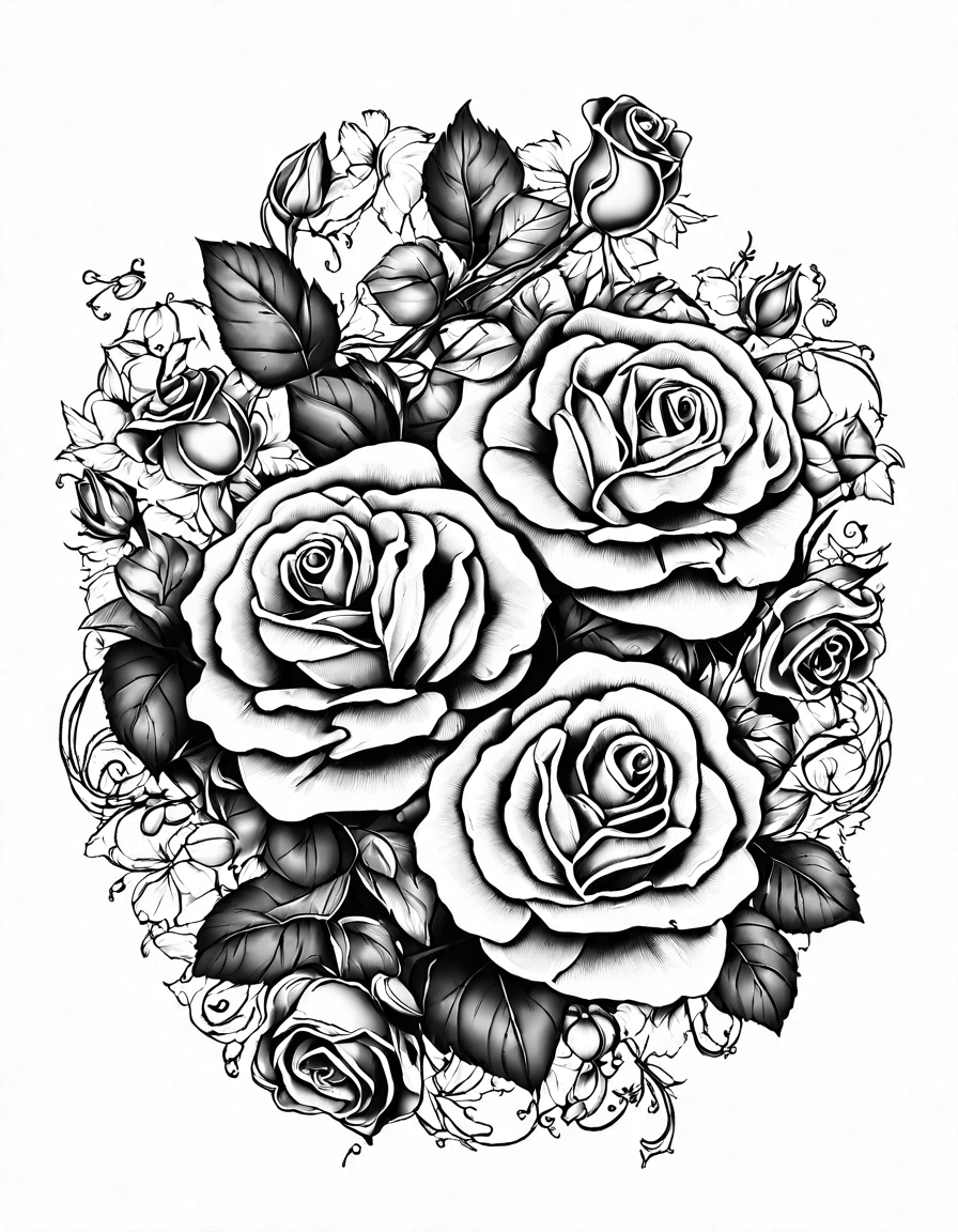 intricate rose vine coloring page for nature lovers with detailed petals, leaves, and buds for relaxing artistic enjoyment in black and white