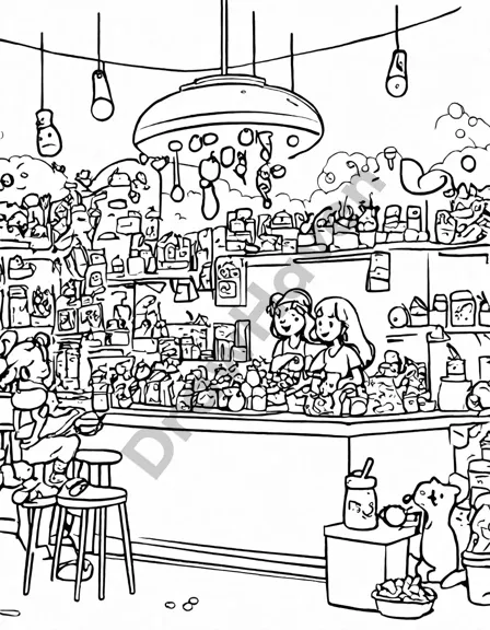 coloring page of 'the ultimate sundae challenge' in an ice cream shop with a towering, rainbow sundae in black and white