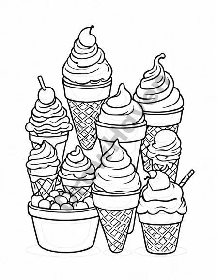 coloring book image of the great ice cream scoop off competition at a vibrant ice cream shop in black and white