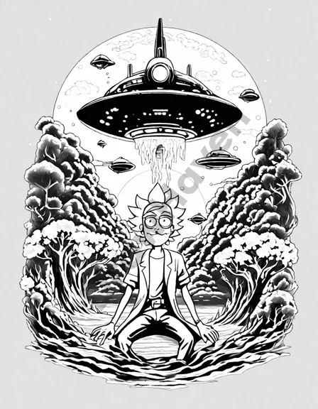 Coloring book image of iconic pickle rick escaping vat of acid with laser beam in intricate escape pod from rick and morty in black and white