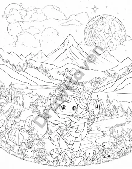 coloring page featuring a serene mountain landscape with towering peaks, lush meadows, and tranquil lakes in black and white
