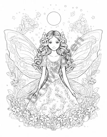 Coloring book image of ethereal fairies dance amidst twinkling fireflies under a moonlit sky, their shimmering wings and flickering lights creating a whimsical spectacle in black and white