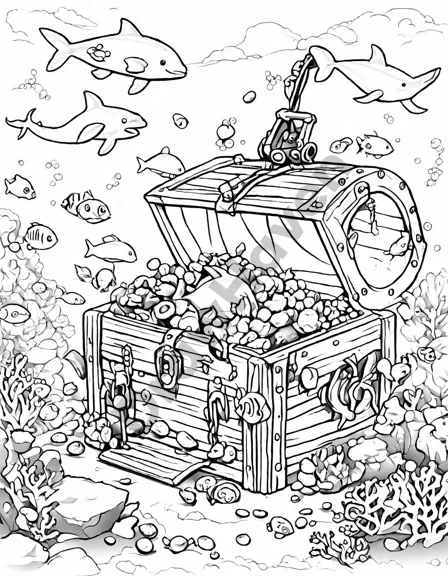 Coloring book image of tranquil sea with a shipwreck and treasure chest amid coral reefs and marine life in black and white