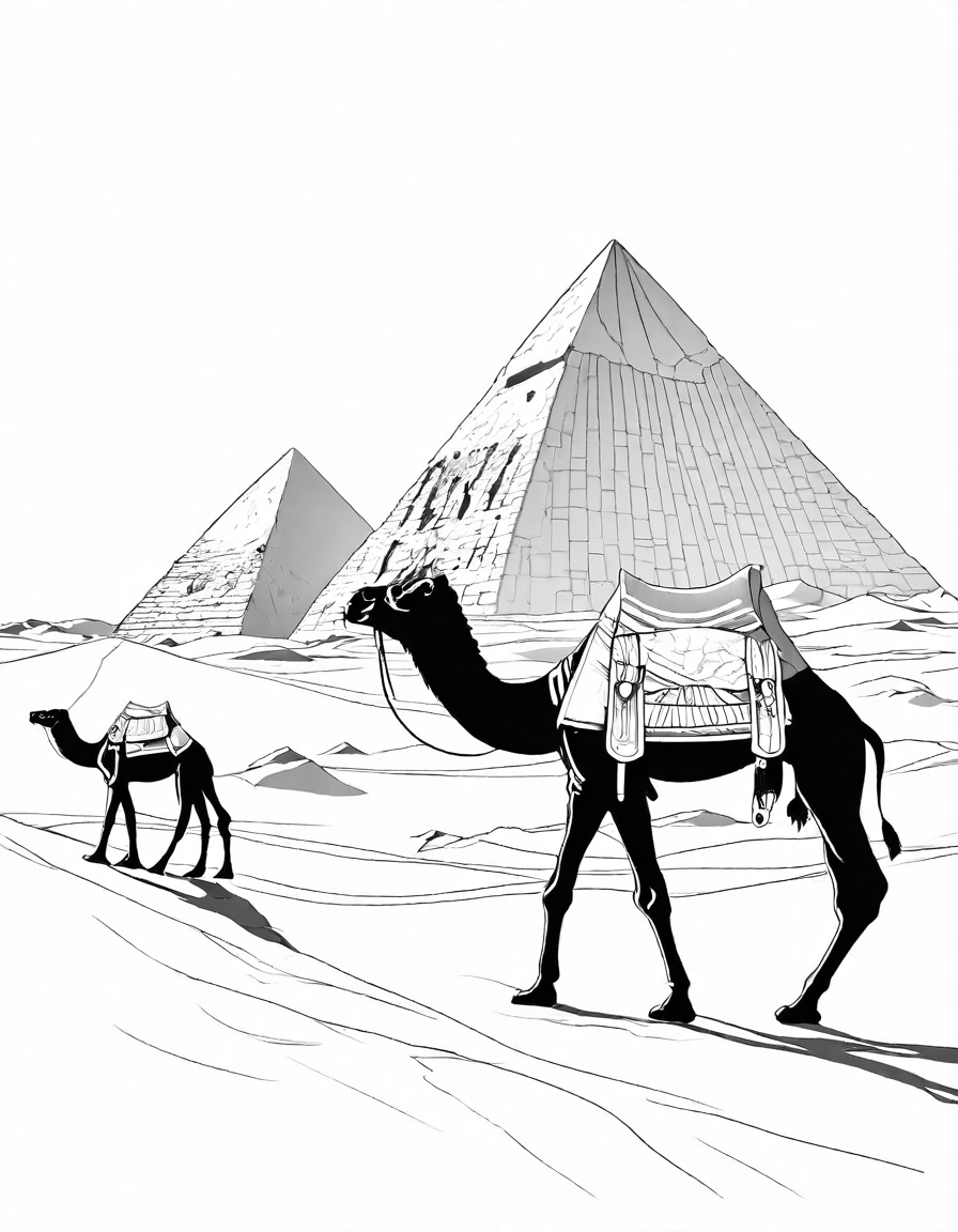 coloring image of the pyramids of giza with camels and guides at sunset, inviting a vivid egyptian adventure in black and white