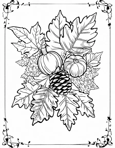 Coloring book image of thanksgiving craft setup with pinecones, leaves, berries, and instructions for a centerpiece in black and white