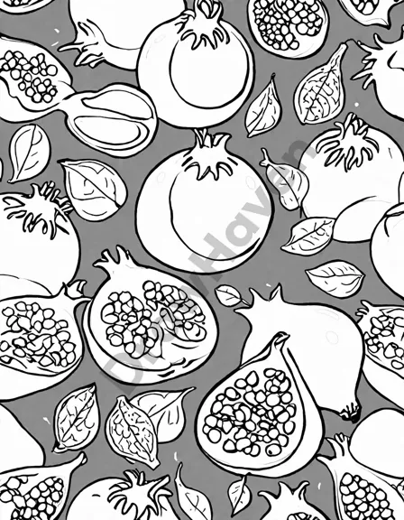 coloring book image featuring pomegranates and figs, inviting detailed coloring in black and white