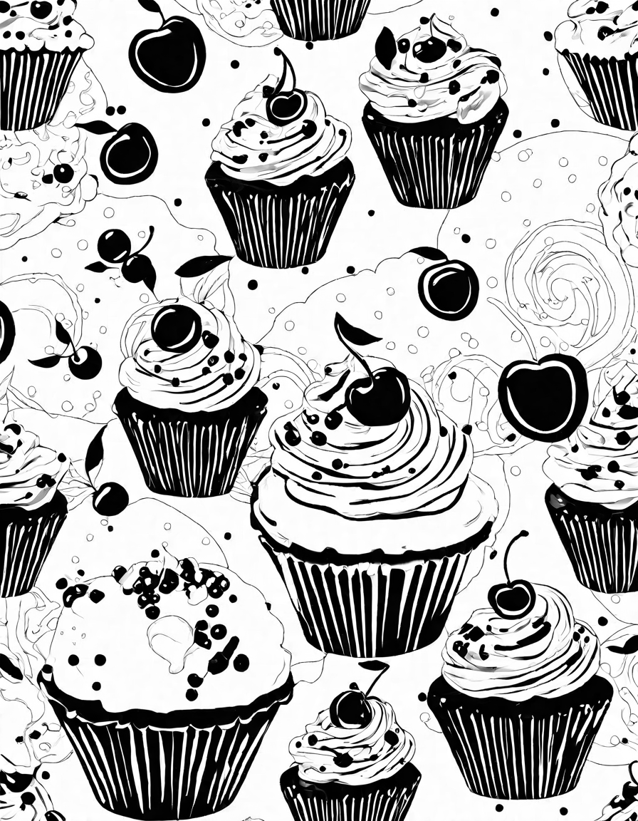 pastel-hued coloring page featuring cupcakes adorned with creamy frosting, sprinkles, cherries, and other confections in black and white