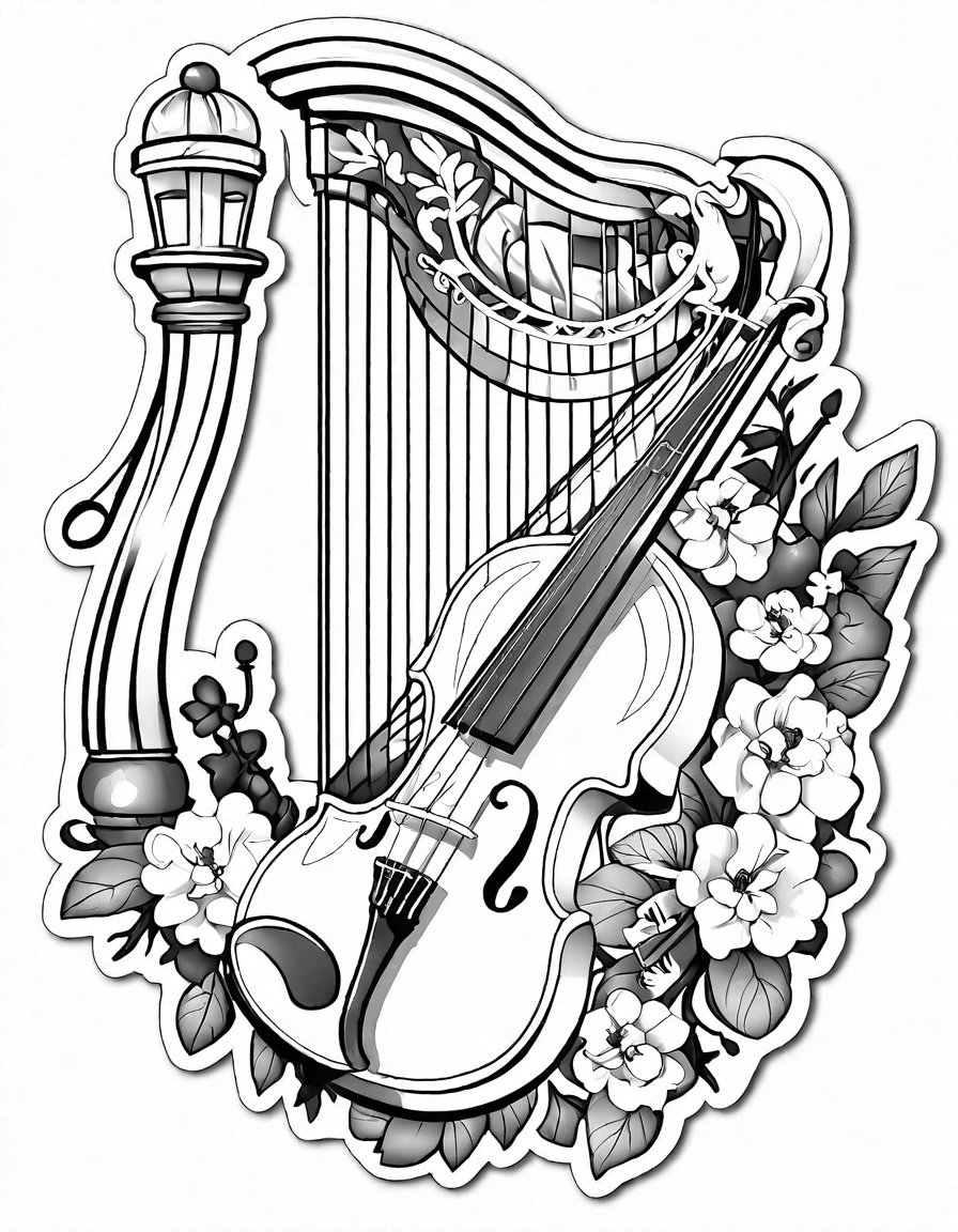 coloring book page of a harp with musical notes and floral patterns in black and white